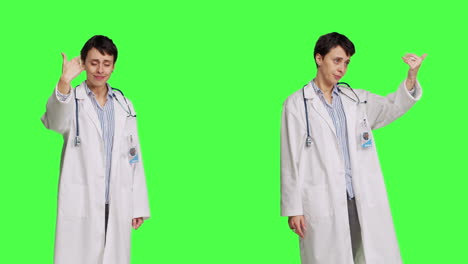 Friendly-physician-inviting-people-to-come-closer-to-her-against-greenscreen